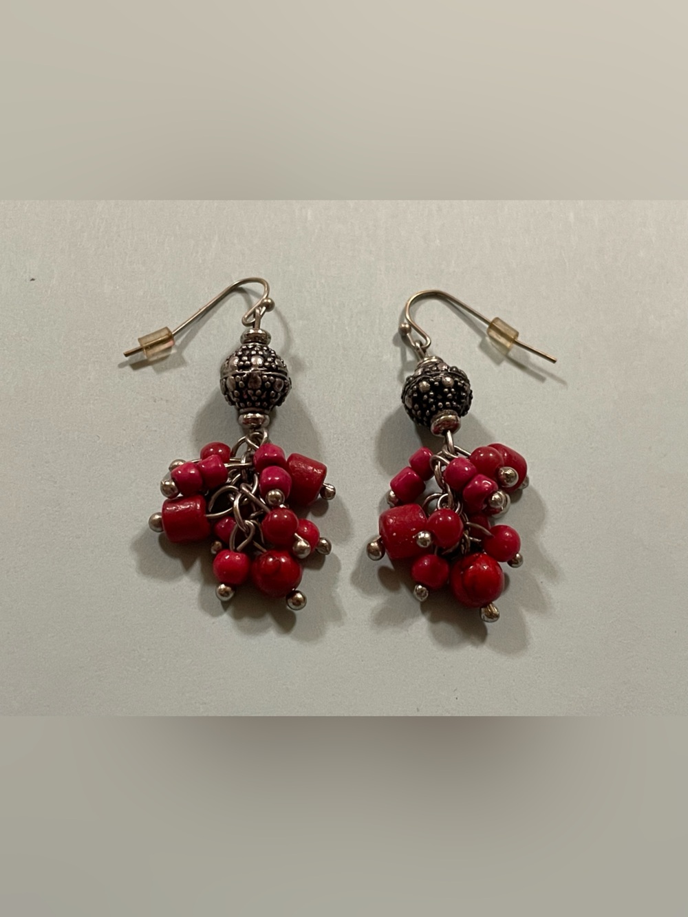 Silver Tone Red Bead Dangling Pierced Earrings #9222